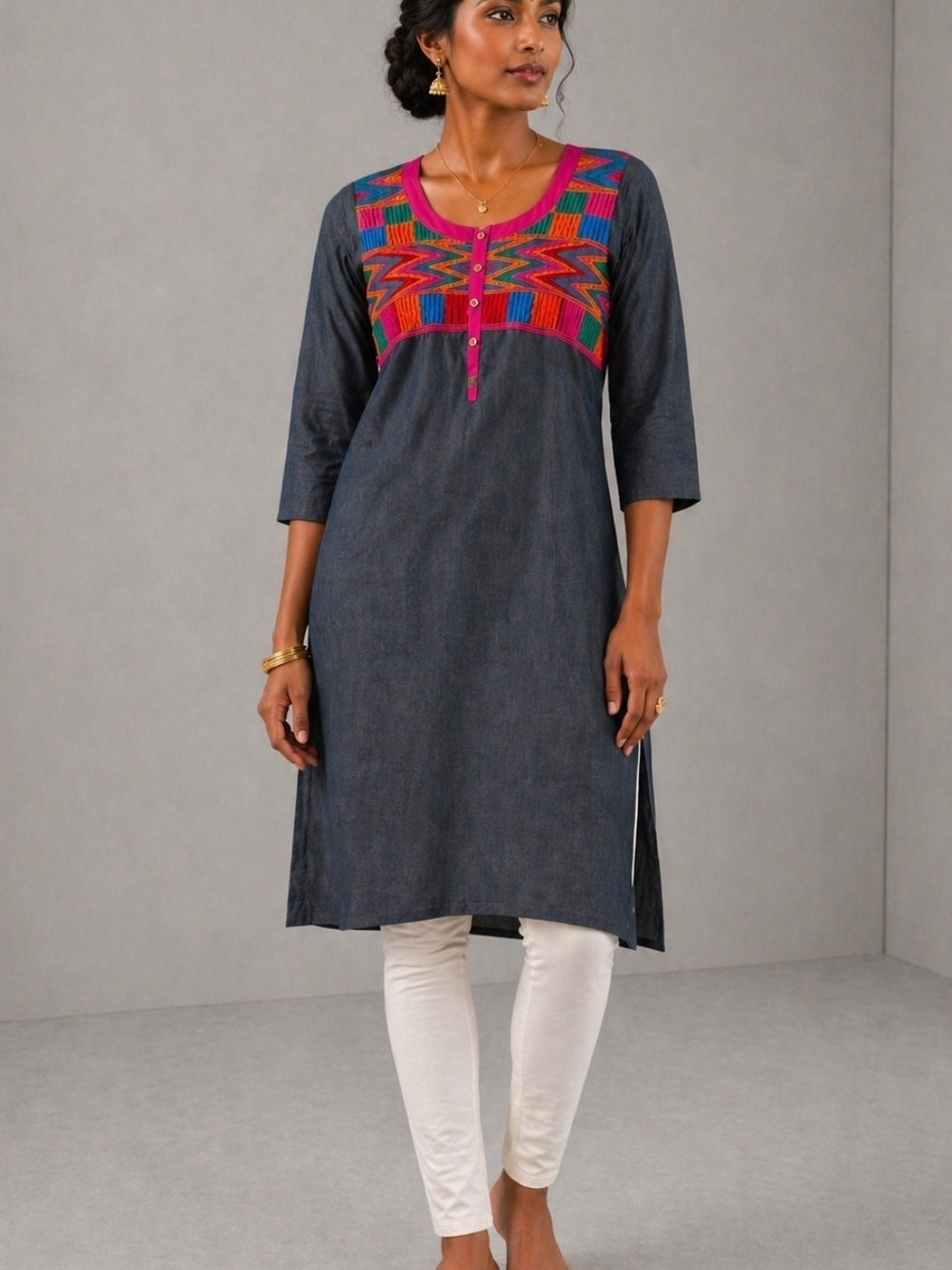 Embroidered Indian Indigo Multicolored Tunic Top Accents Size Large NEW